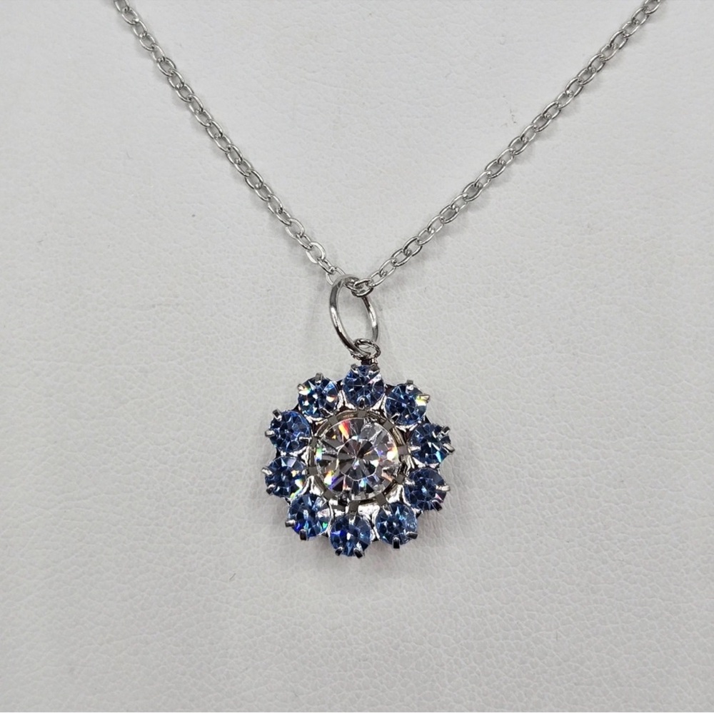 Flower Necklace Made with Swarovski Crystals Lt Sapphire Blue Silver